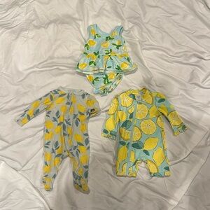 Baby Girl Lemon Bundle includes like new rashguard swimsuit, 0-6 months